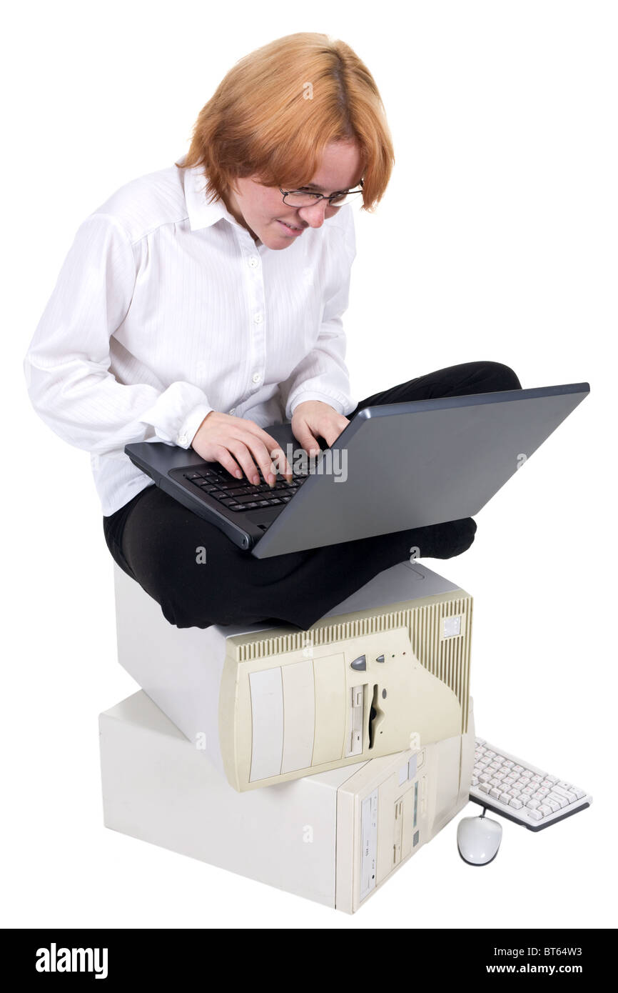 The girl working on the laptop on a white background Stock Photo - Alamy