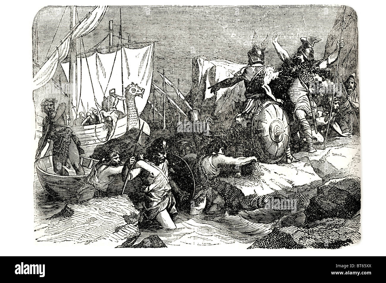 Hengist Hengest  Horsa Hors invasion piratical pirate English British legend Germanic brothers  led Angle Saxon Jutish armies ar Stock Photo