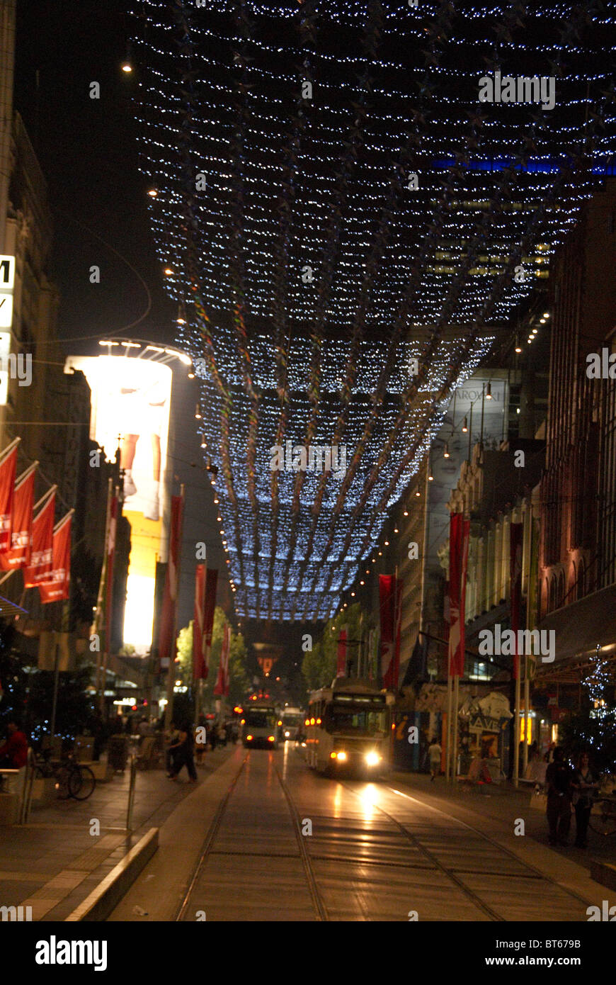 Christmas lights hanging over street in Melbourne, Australia Stock