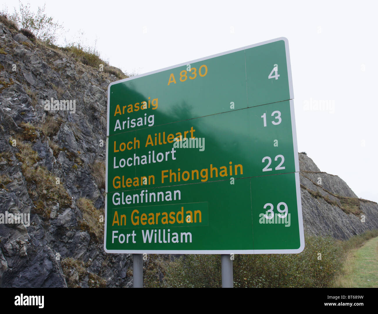 Bilingual English Gaelic road sign on A830 near Morar Scotland October