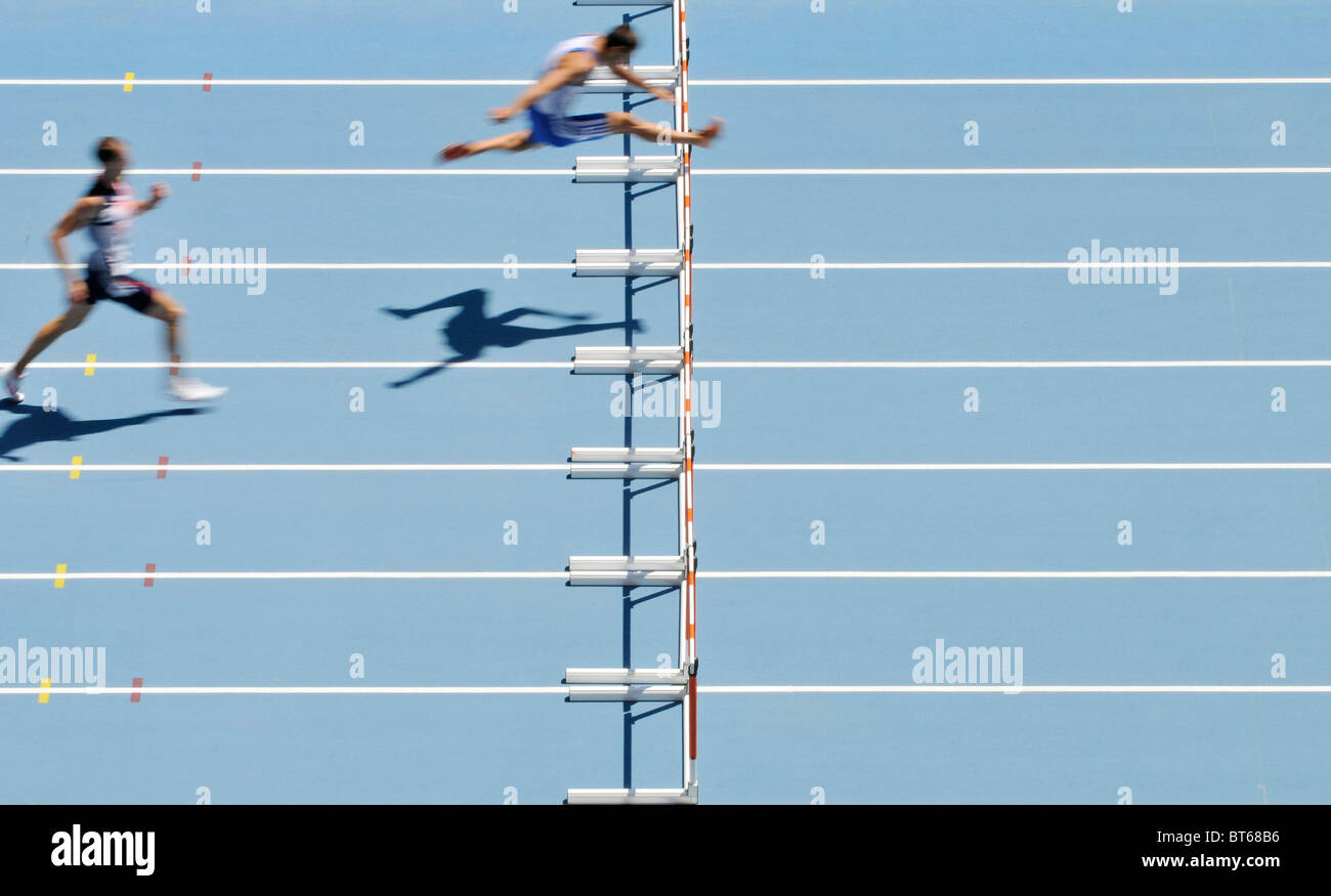 male sprinters in hurdles race during European Athletics Championships ...