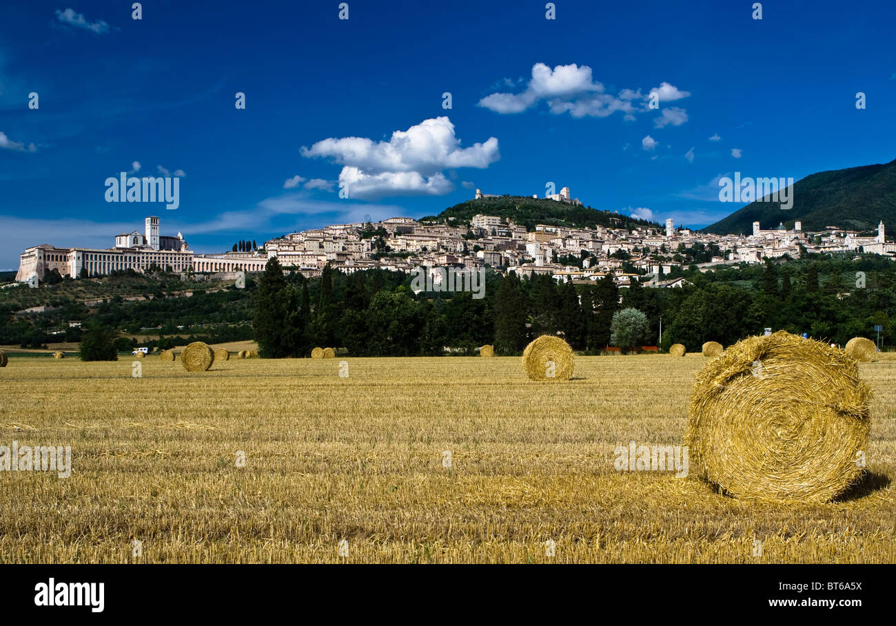 Bales of hay in a field in front of Assisi, Umbria, Italy Stock Photo ...