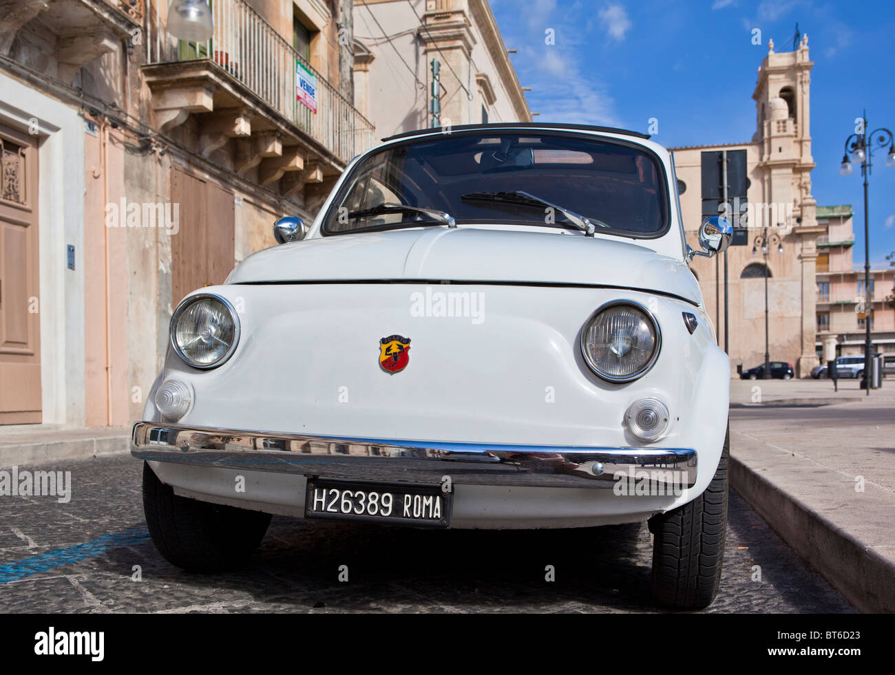 Old classic Fiat 500 Abarth in Avola, Sicily,  Italy, Europe Stock Photo