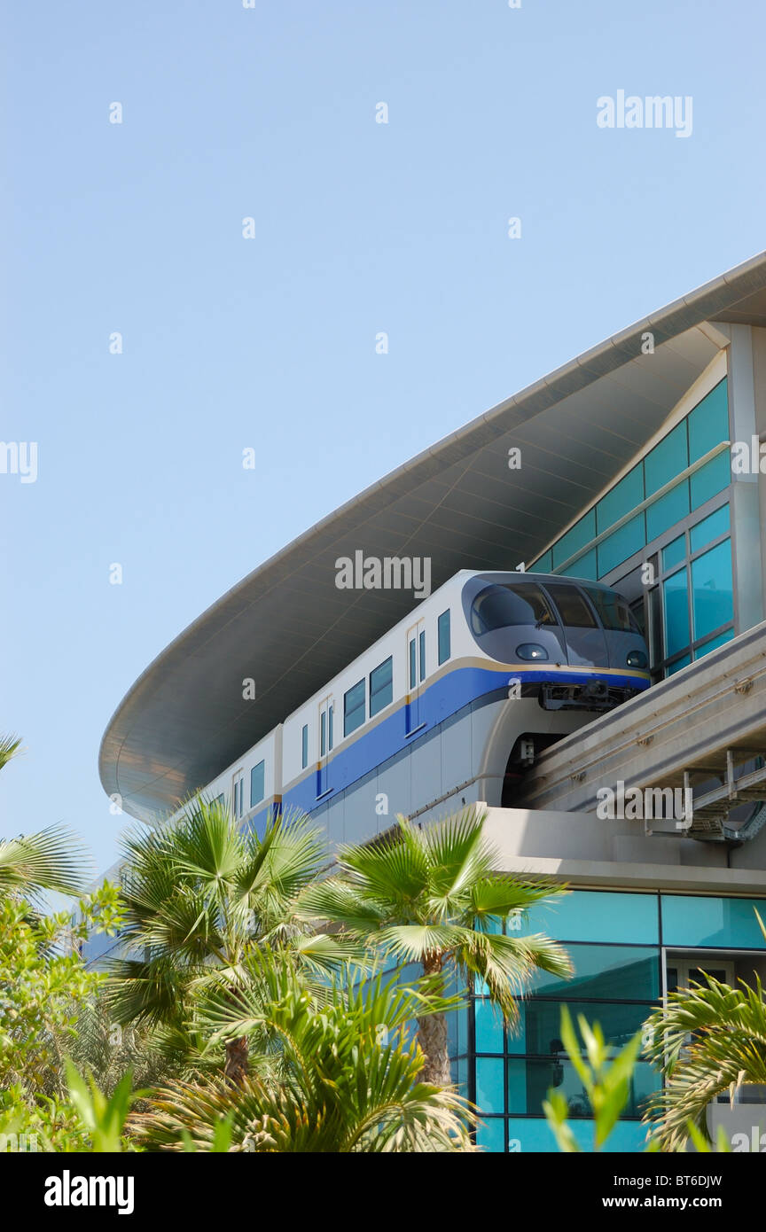 The Palm Jumeirah monorail station and train, Dubai, United Arab Emirates Stock Photo