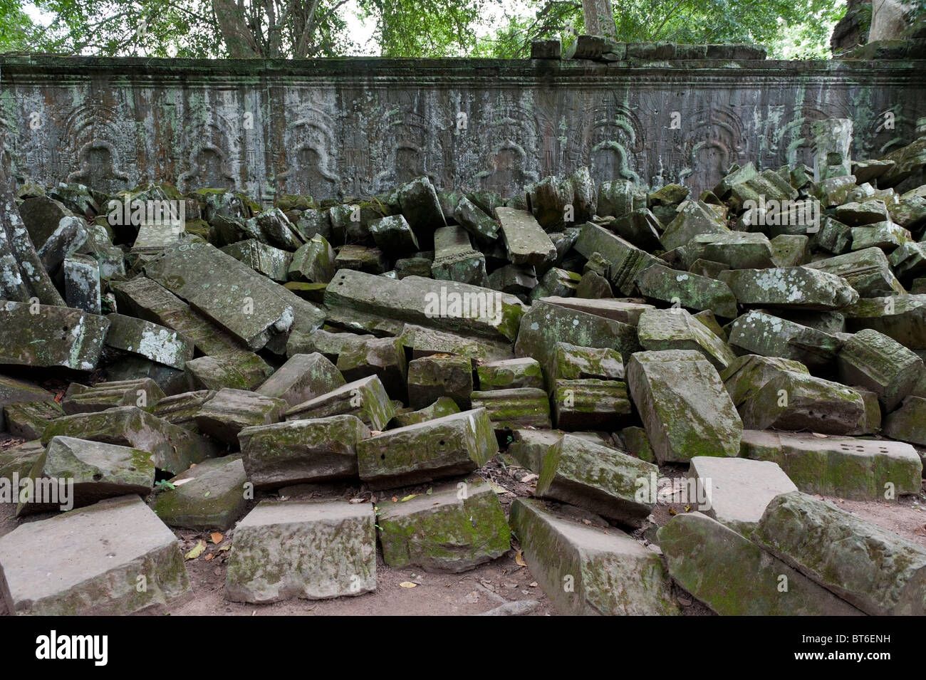 Ruins around the Outer Wall Surrounding Ta Prohm Temple, Angkor Wat Cambodia Stock Photo