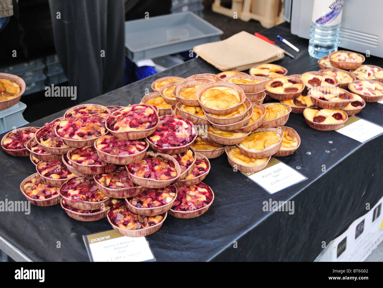 Stall selling Rustic Tarts, Portobello Food Market in Notting Hill, London, England Stock Photo