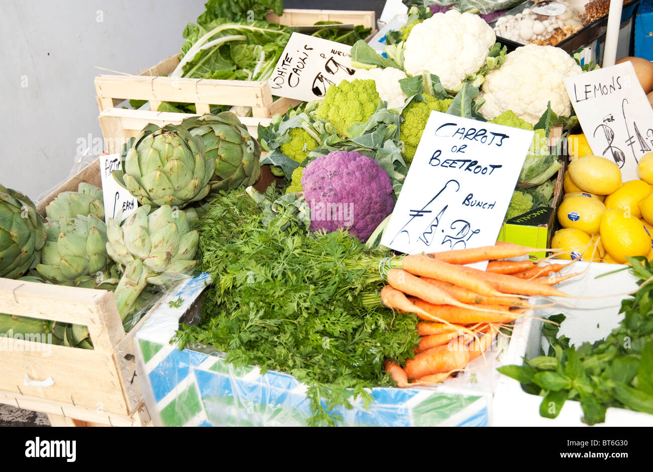 Vegetables on display at Portobello Food Market in Notting Hill, London