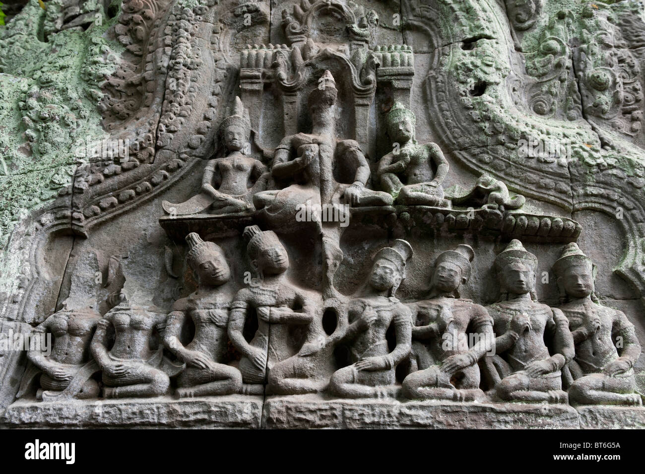 Relief above an Entrance in Ta Prohm Temple, Angkor Wat Cambodia Stock Photo