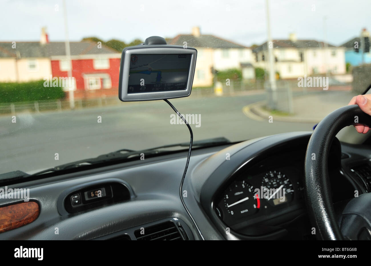 Inside of a car equipped with Tom Tom Satellite navigator Stock Photo