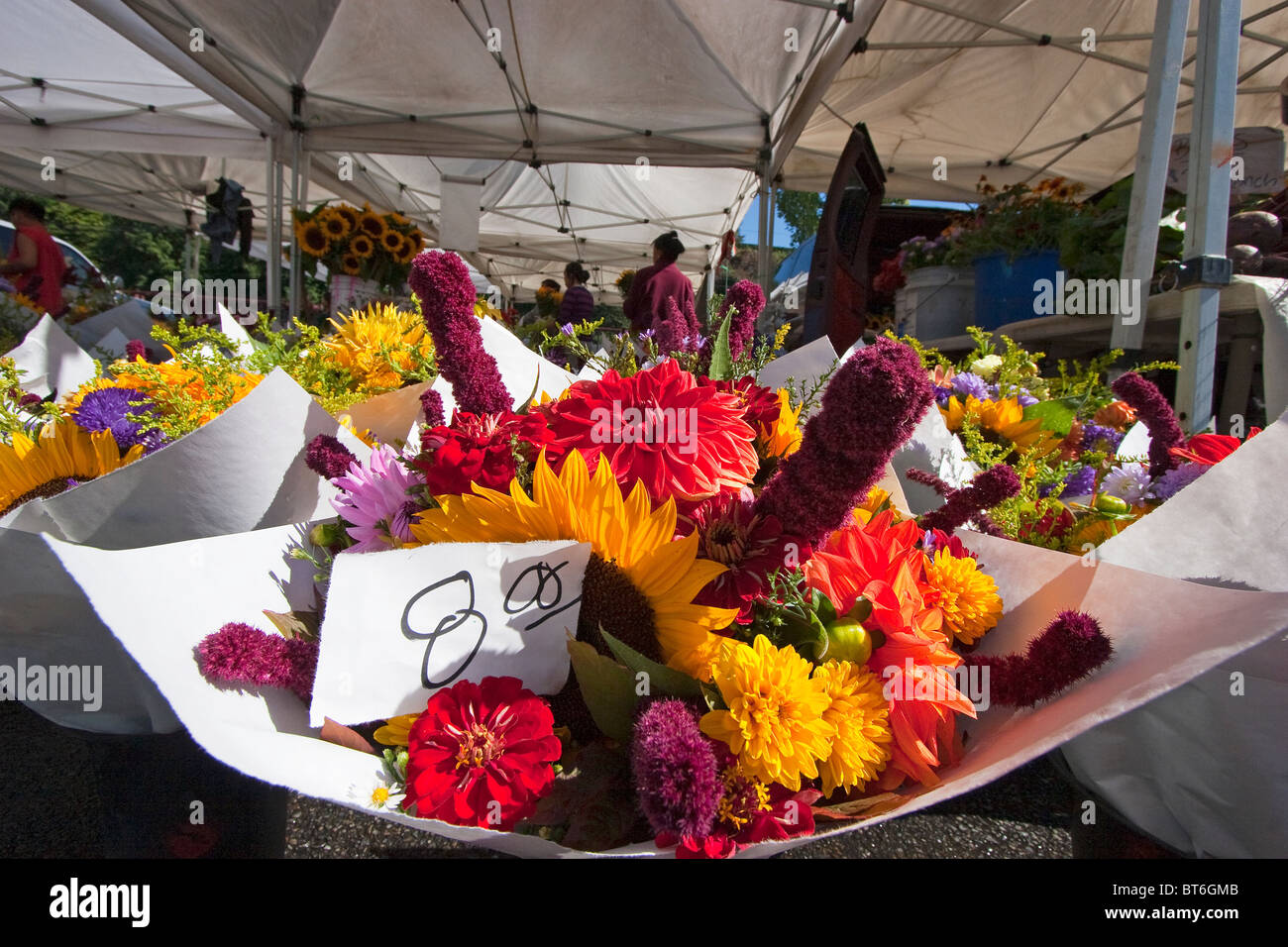 Colorful bouquets of flowers for sale at farmer's market, Edmonds, Washington, USA Stock Photo