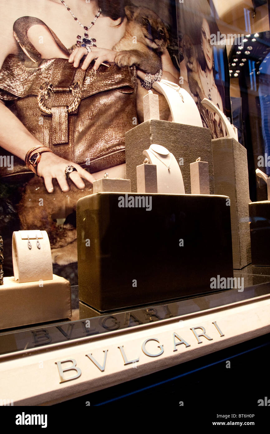 Rome Bulgari store shop via Condotti  gold jewelry window entrance Rome street fashion gold jewelry exterior street Lazi Stock Photo