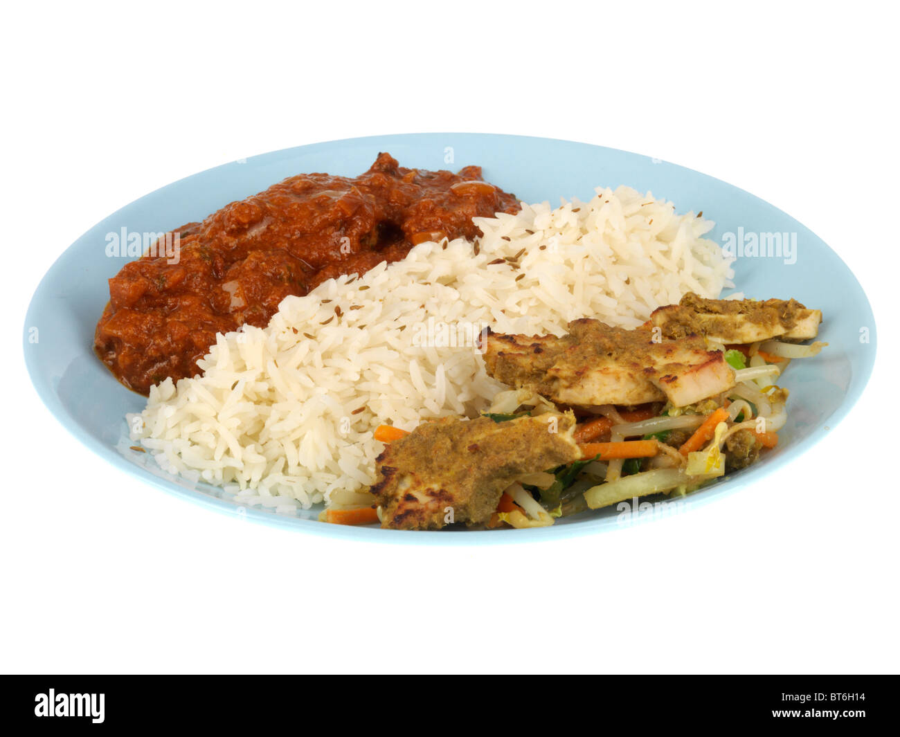 Beef Curry with Fried Rice and Thai Chicken Stir Fry Stock Photo