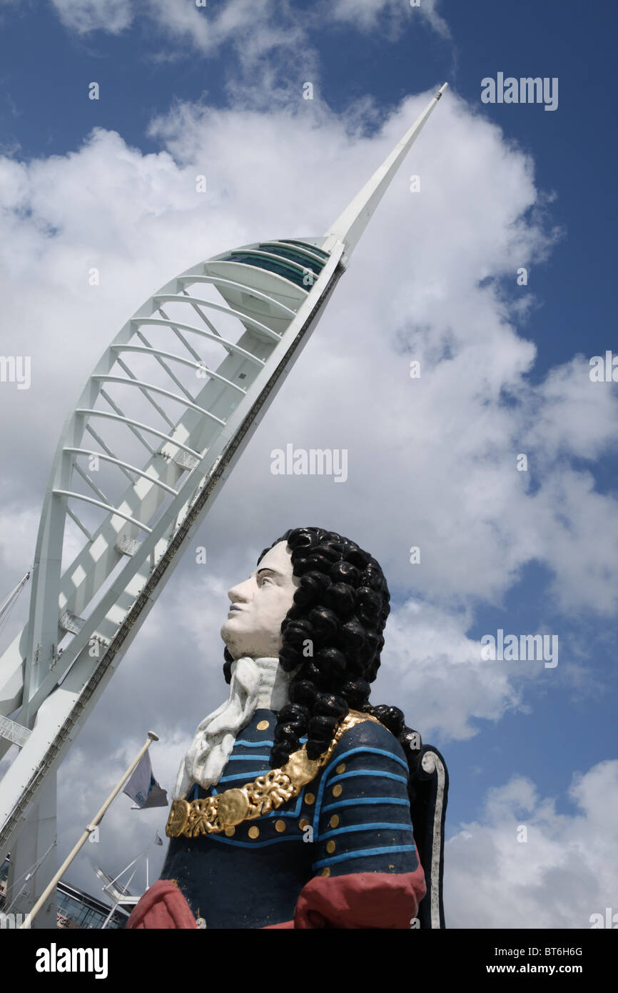 Spinnaker tower with ship's figurehead Stock Photo - Alamy
