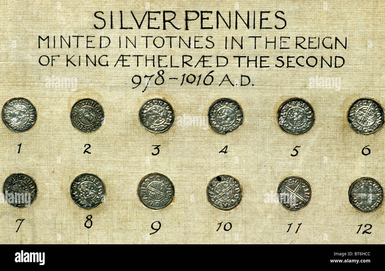 King Aethelraed 2nd, silver pennies, Totnes Mint, Totnes Guildhall Museum Saxon coins coinage coin English 10th 11th century Stock Photo