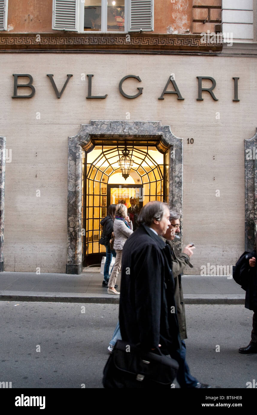 via Condotti Rome Bulgari store shop gold jewelry window entrance Rome street fashion gold jewelry exterior street Lazi Stock Photo