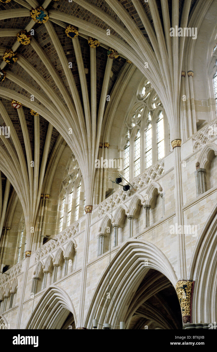 Exeter Cathedral Nave interior, Devon England UK English cathedrals interior interiors medieval gothic architecture roof vault Stock Photo