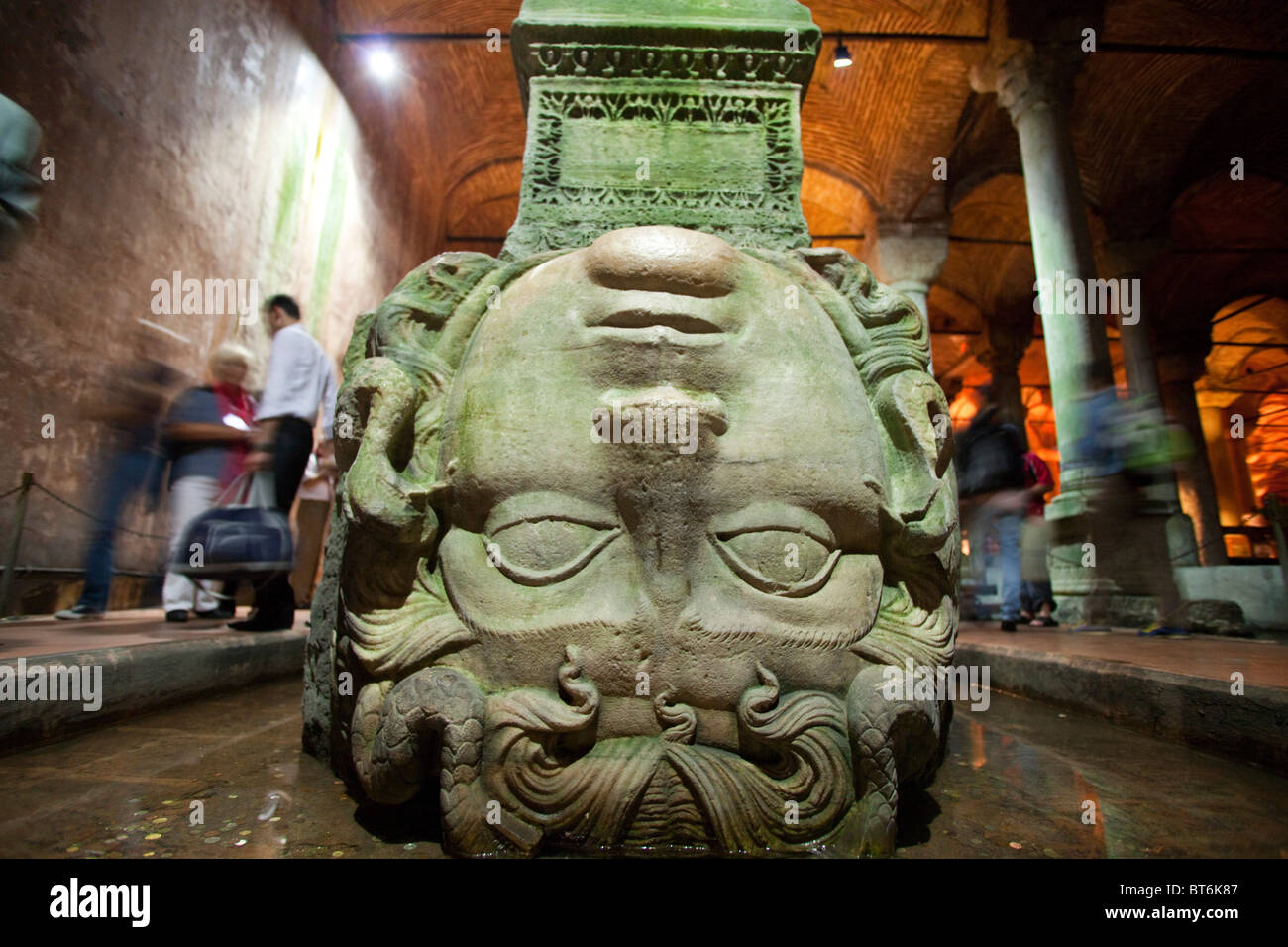 Head of Medusa in the underground Yerebatan Sarayi Cistern Istanbul Turkey view 100908 Turkey Stock Photo