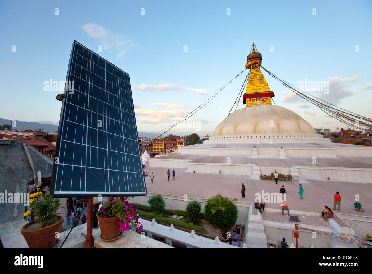 Solar panel on a building next to Boudhanath Stupa, Kathmandu, Nepal