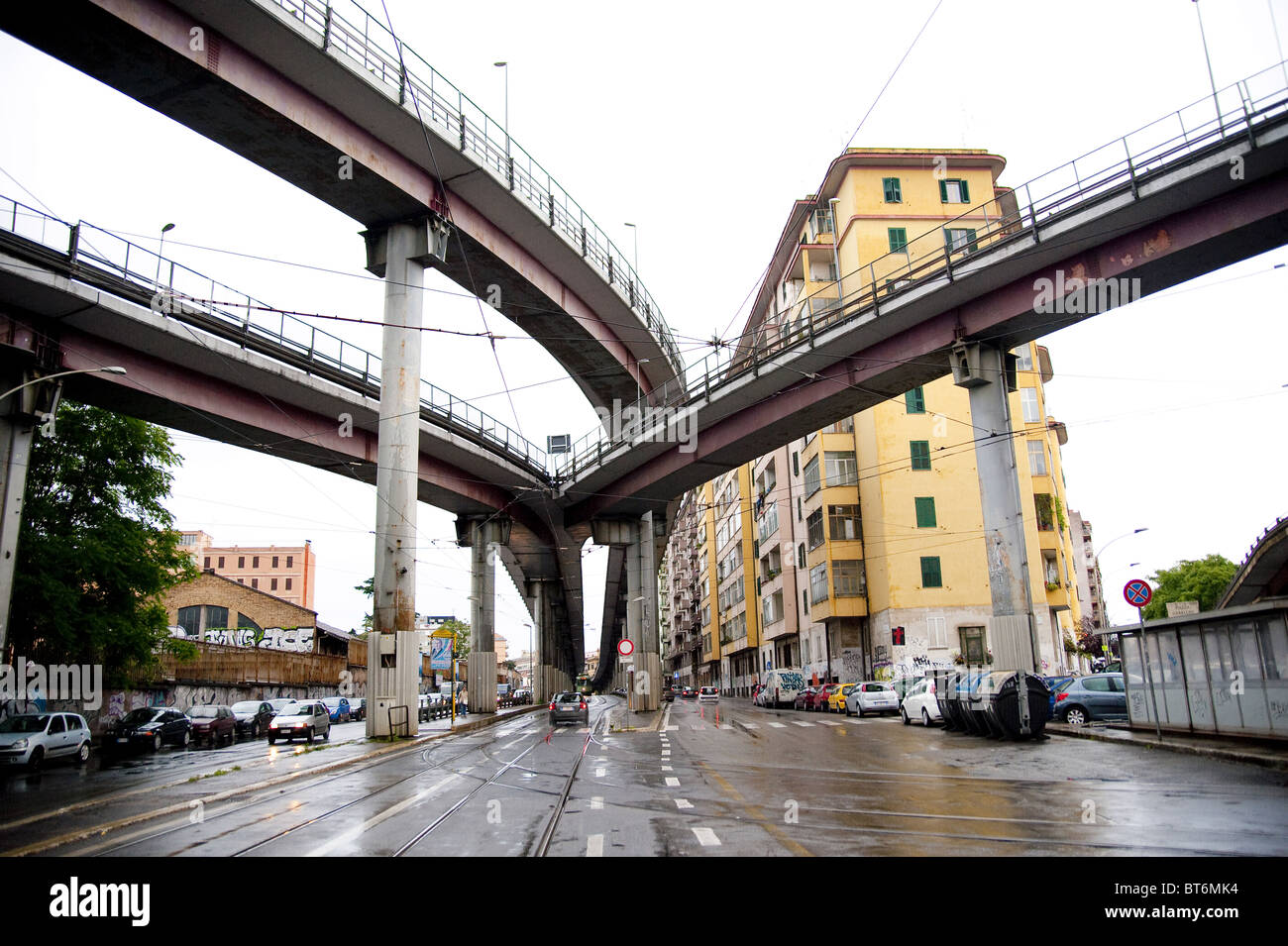 Via Prenestina underneath highway Tangenziale Est in Rome Italy Stock Photo