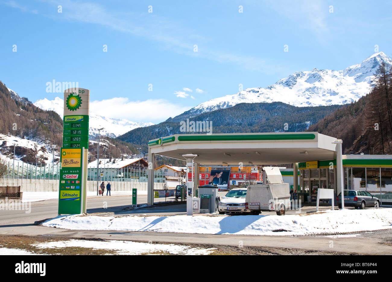 BP petrol station in the alps Stock Photo