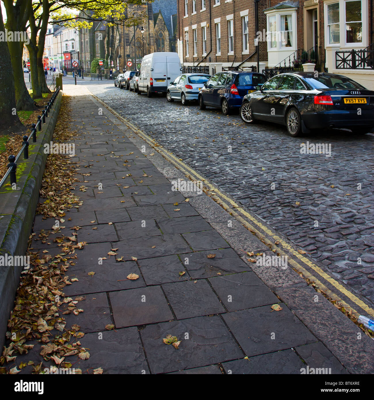 Quiet Cobbled Street in Tynemouth, North East England. Stock Photo