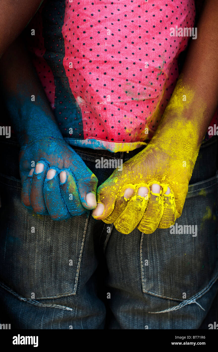 Indian Child Color Hand Indian boys multicoloured powdered hands Stock Photo - Alamy