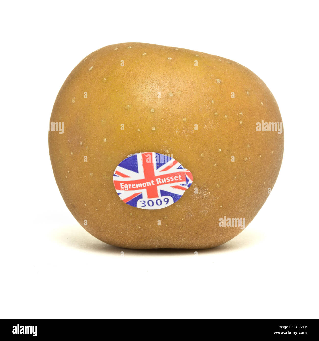 Brown Russet apple from low perspective isolated on white. Stock Photo