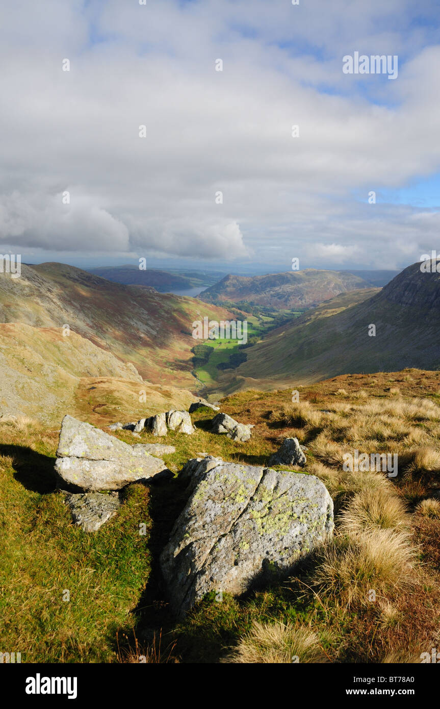 View from Dollywagon Pike down the Grisedale Valley towards Ullswater and place Fell in the English Lake District Stock Photo