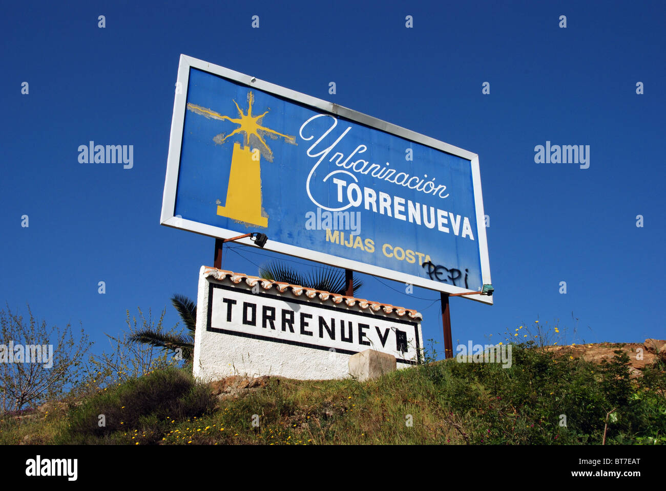 Urbanisation signs, Torrenueva, Mijas Costa, Costa del Sol, Malaga Province, Andalucia, Spain, Western Europe. Stock Photo