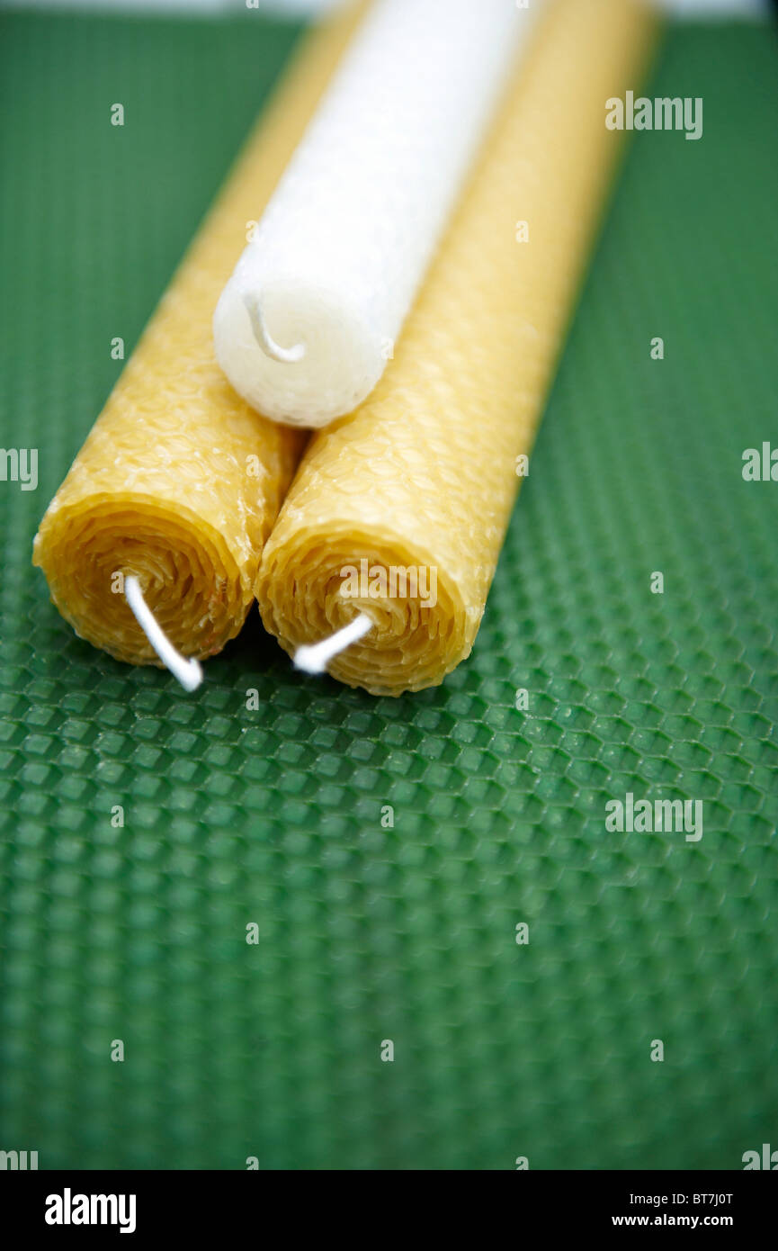 3 wax hand rolled candles, made from sheets of wax, displayed on sheet