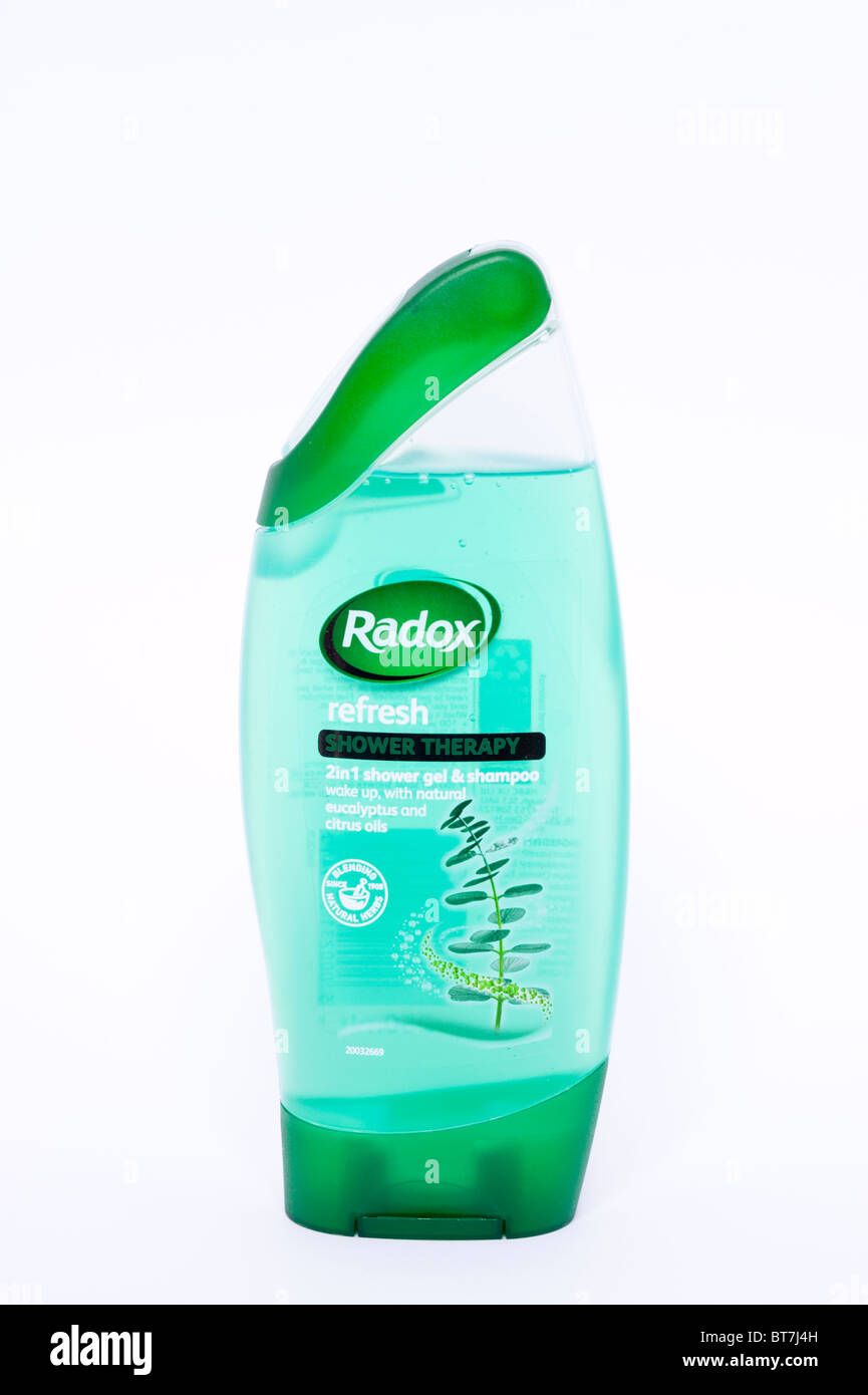 A close up photo of a bottle of Radox shower gel against a white background Stock Photo