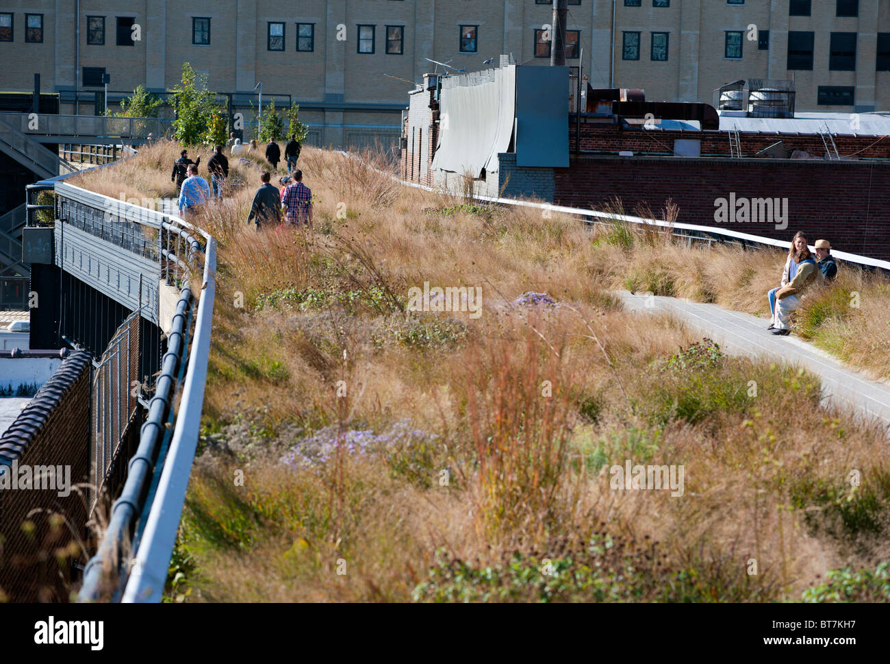 The High Line elevated landscaped public walkway built on old railway viaduct in Chelsea district of Manhattan in New York City Stock Photo