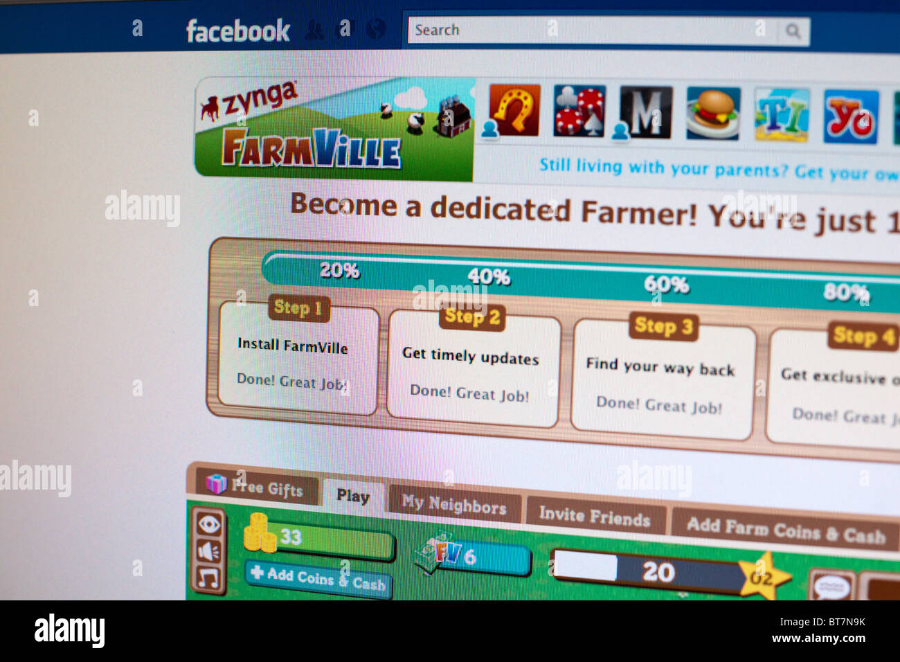 A screenshot of the popular FarmVille game on the Facebook social networking website Stock Photo