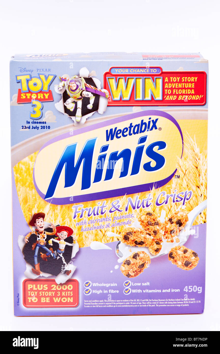 A close up photo of a box of Weetabix minis breakfast cereal for children against a white background Stock Photo