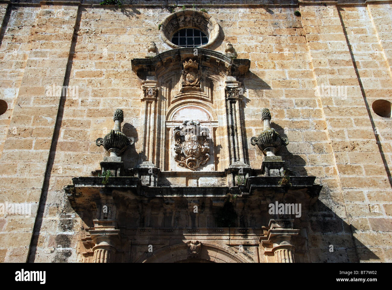 Ornate detail above the door, Las Descalzas convent, Carmona, Seville Province, Andalucia, Spain, Western Europe. Stock Photo