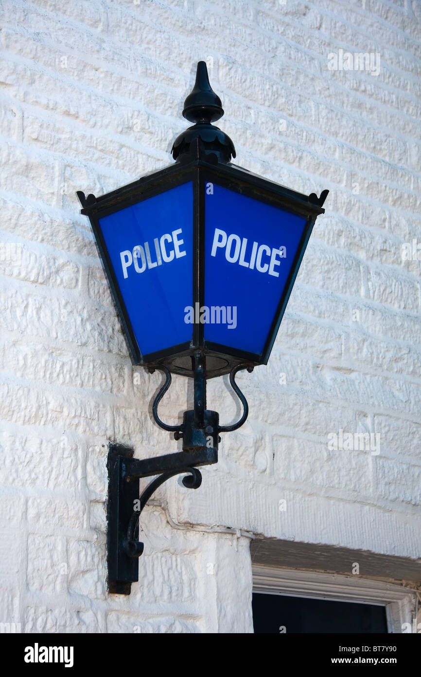 Old style blue Police light outside Police office, Haworth, West Yorkshire Stock Photo