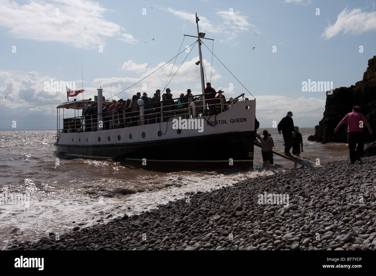 Bristol Queen arriving to drop off passengers at Steepholm Island,Bristol Channel. Stock Photo