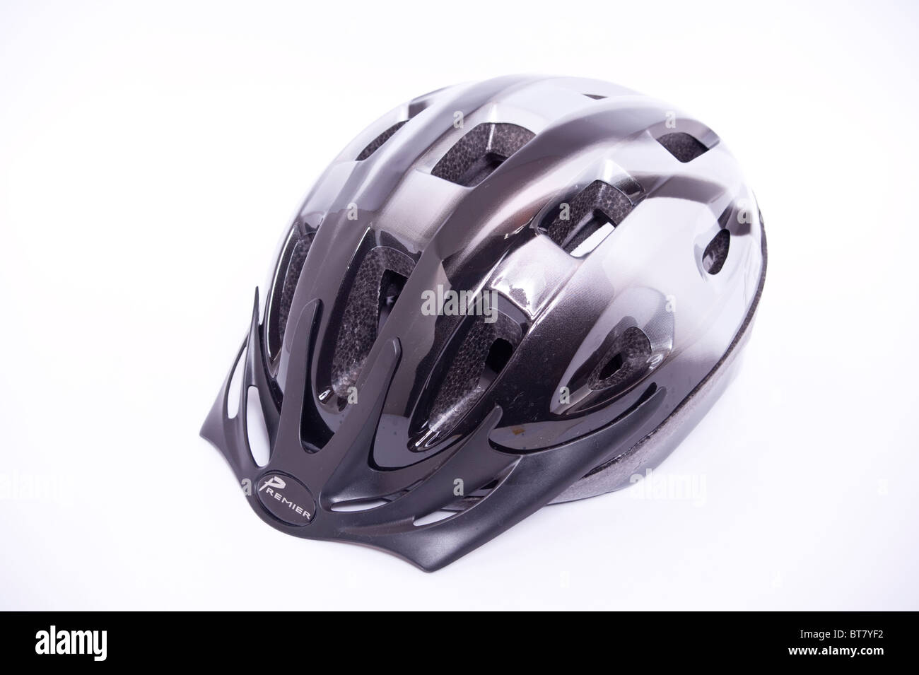 A close up photo of a cycle safety helmet against a white background Stock Photo