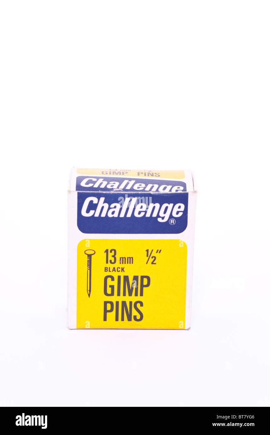 A close up photo of a box of Challenge 13mm gimp pins ( nails ) against a white background Stock Photo