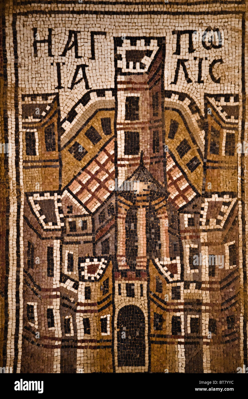 Detail from mosaic floor of the 8th Century Church of St. Stephen depicting the ancient city of Jerusalem (literally, Holy City) Stock Photo