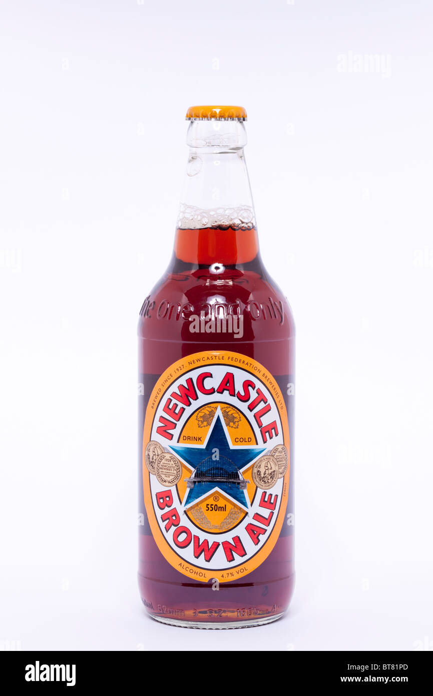 A close up photo of a bottle of Newcastle Brown Ale beer against a white background Stock Photo
