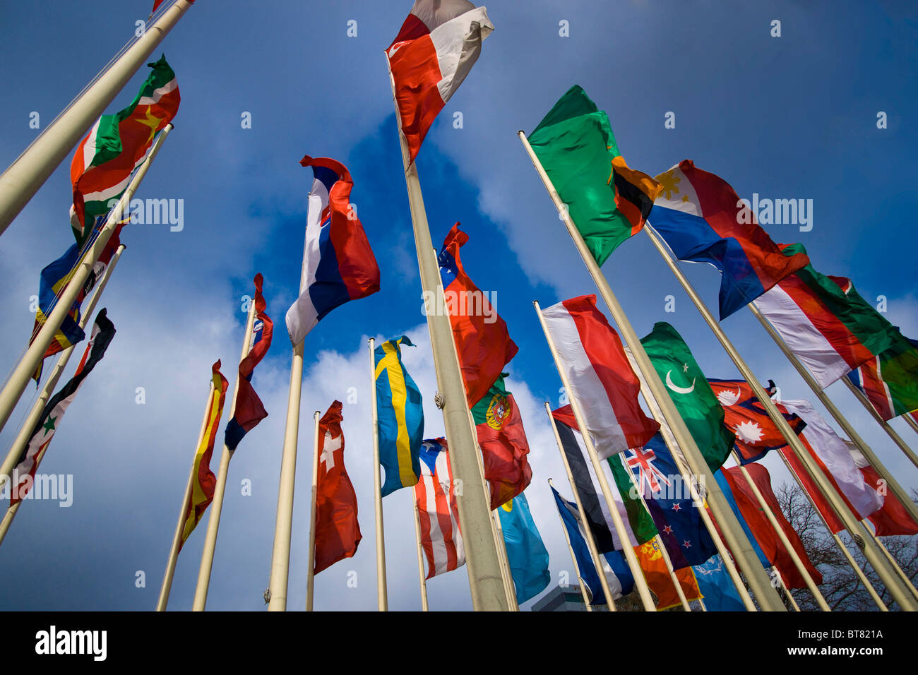 International flags in front of Messe Berlin fairgrounds, Berlin ...