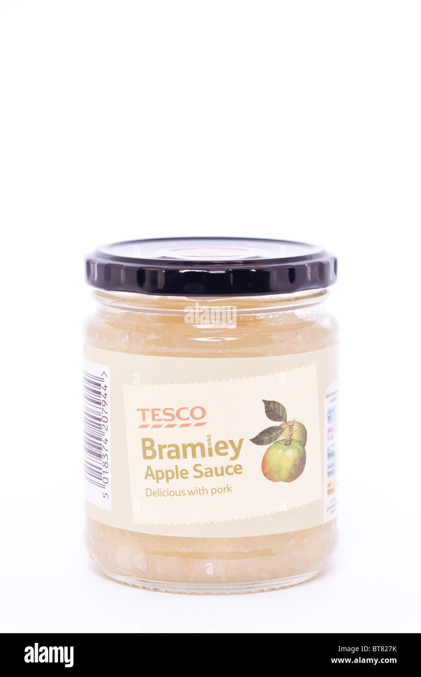 A close up photo of a jar of Tesco bramley Apple Sauce against a white