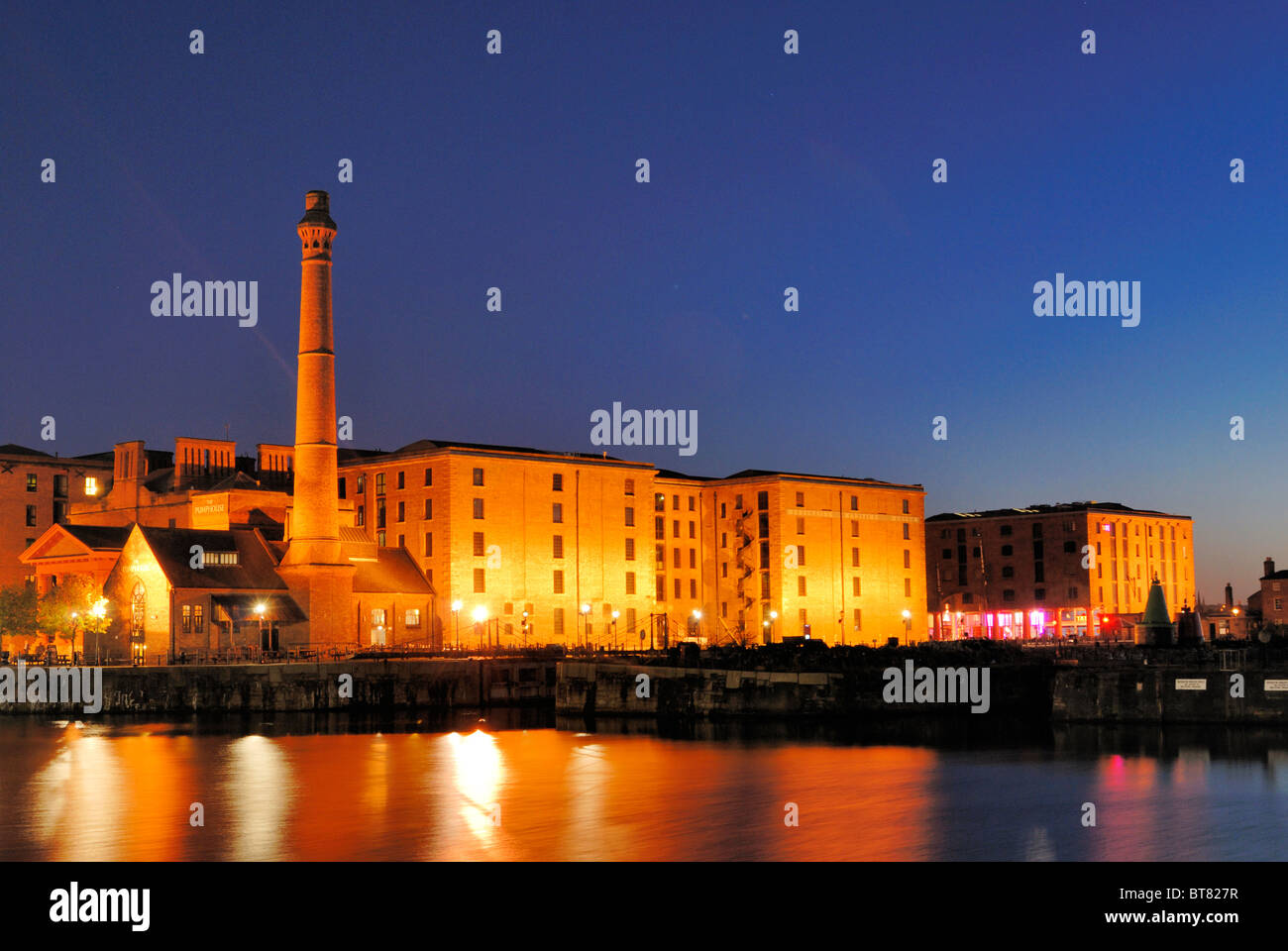 The buildings of the redeveloped Albert Dock complex in Liverpool as seen across Canning Dock. Stock Photo