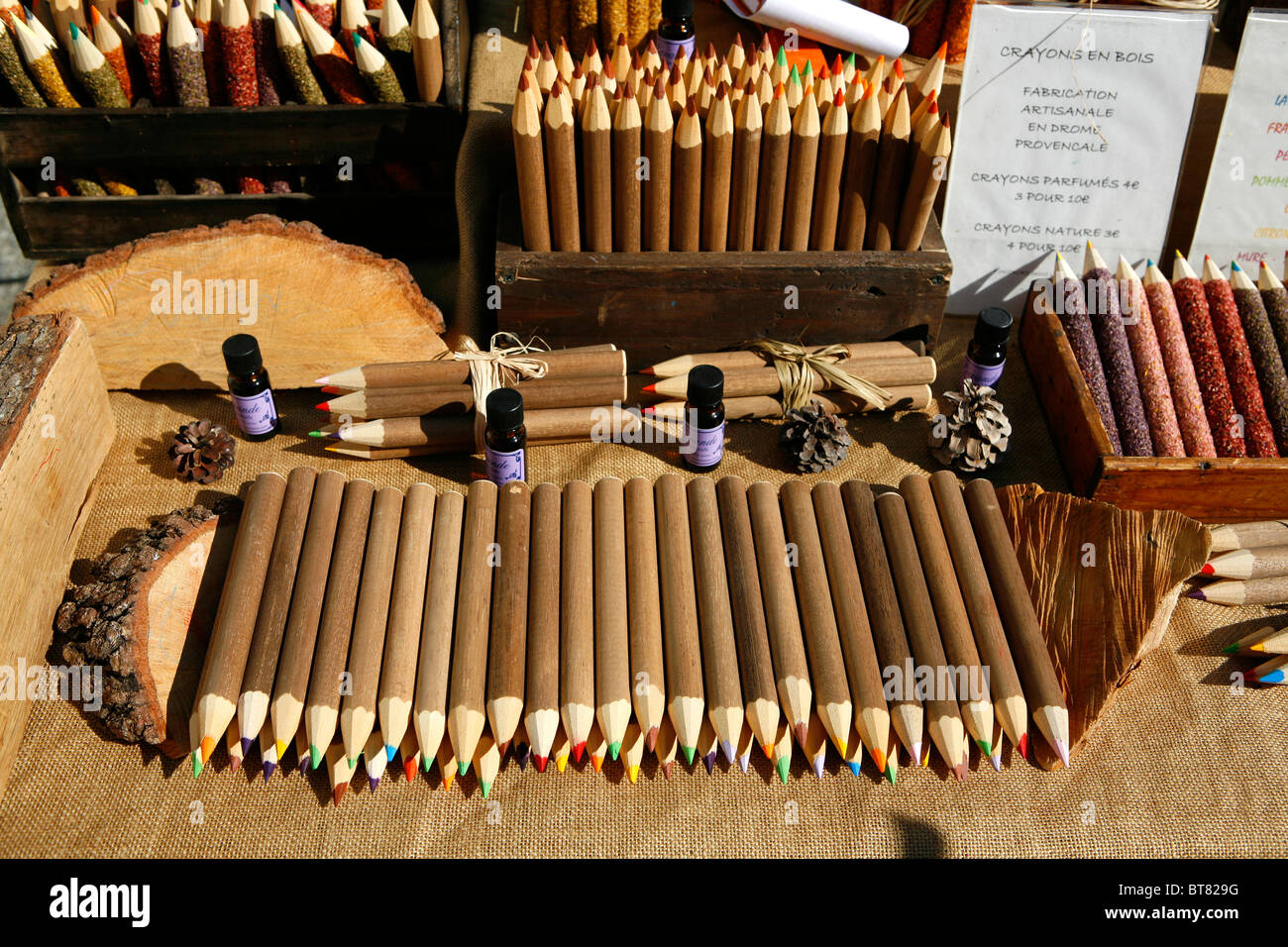 Pencils on a market in the Provence, France, Europe Stock Photo