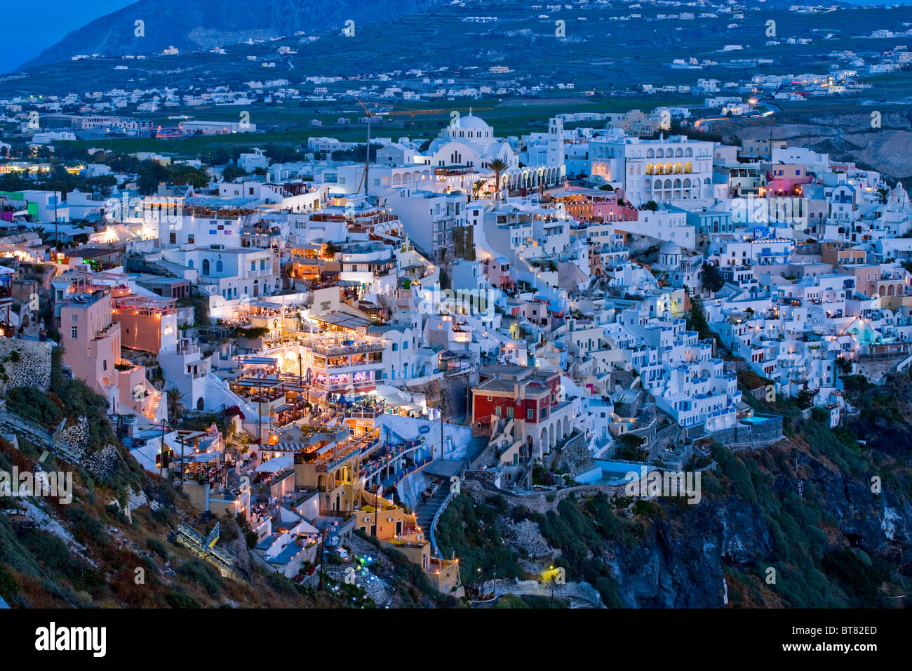 Fira (Thira) Santorini Cyclades Islands Greece at twilight Stock Photo