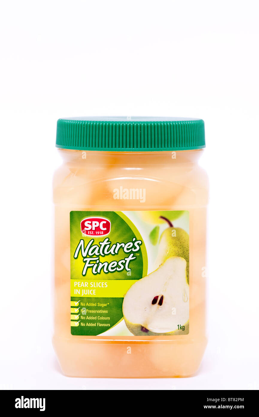 A close up photo of a jar of Nature's Finest pear slices in juice against a white background Stock Photo