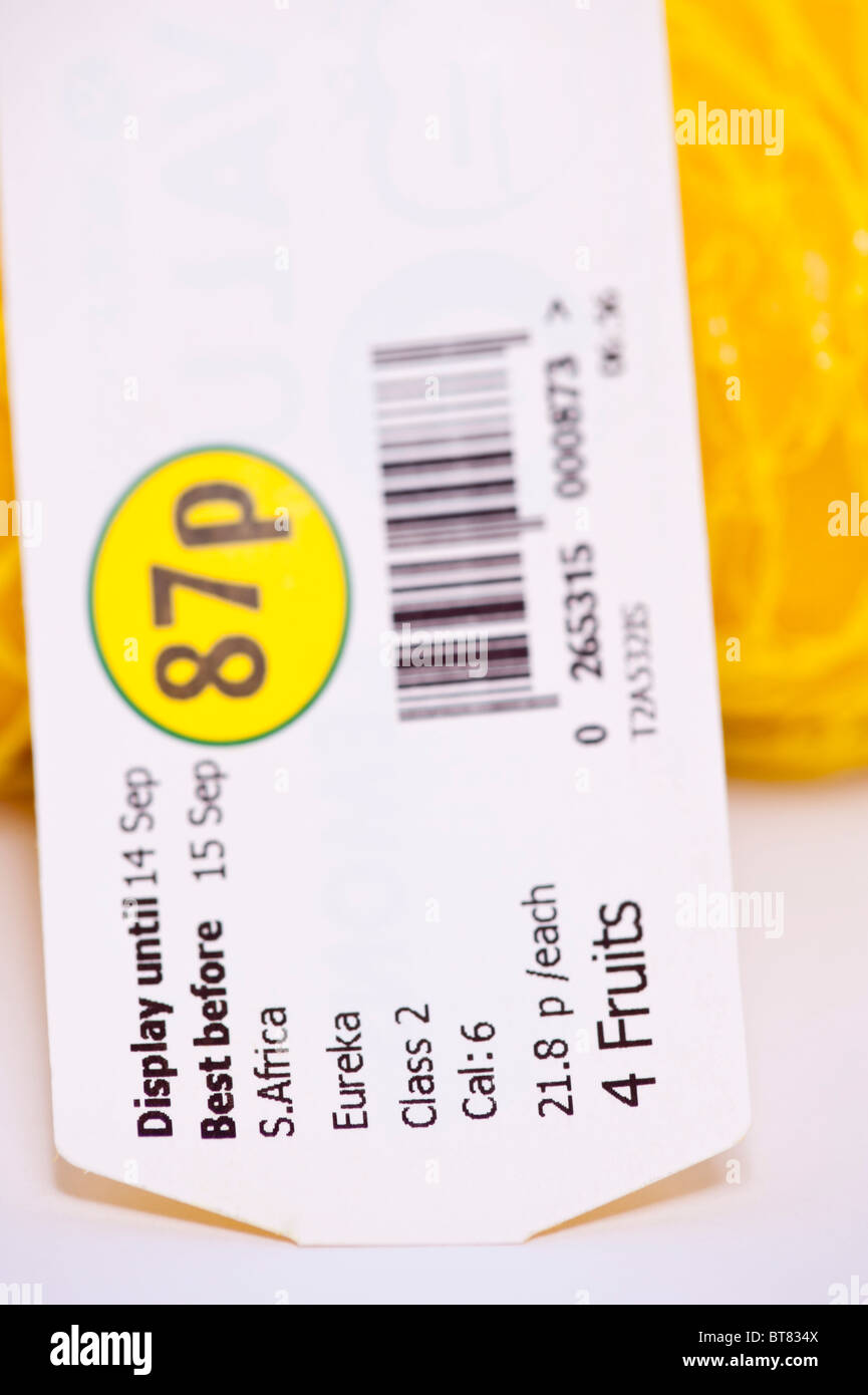A close up photo of a best before label on fruit showing the date Stock Photo