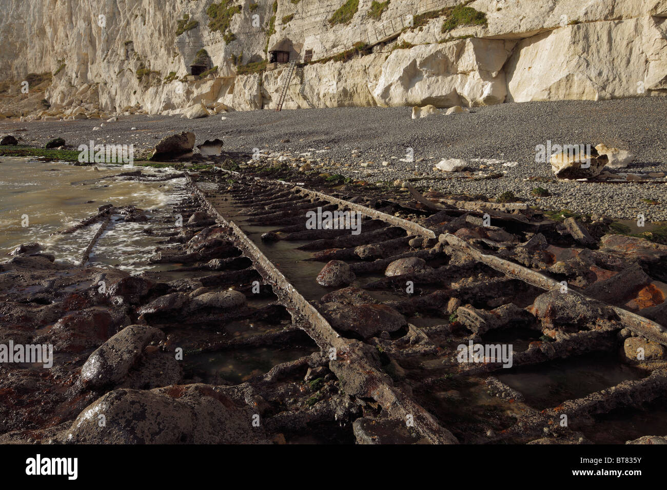 Shipwreck of SS Falcon at Langdon Bay, Dover Cliffs, Kent, England, UK. Stock Photo