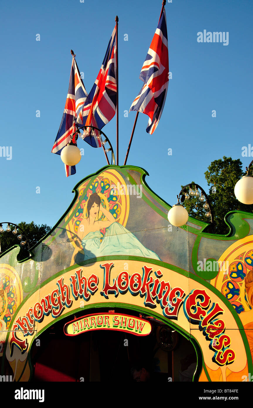 Colourful mirror hall sideshow, Carters Steam Fair, Englefield Green, Surrey, England, United Kingdom Stock Photo